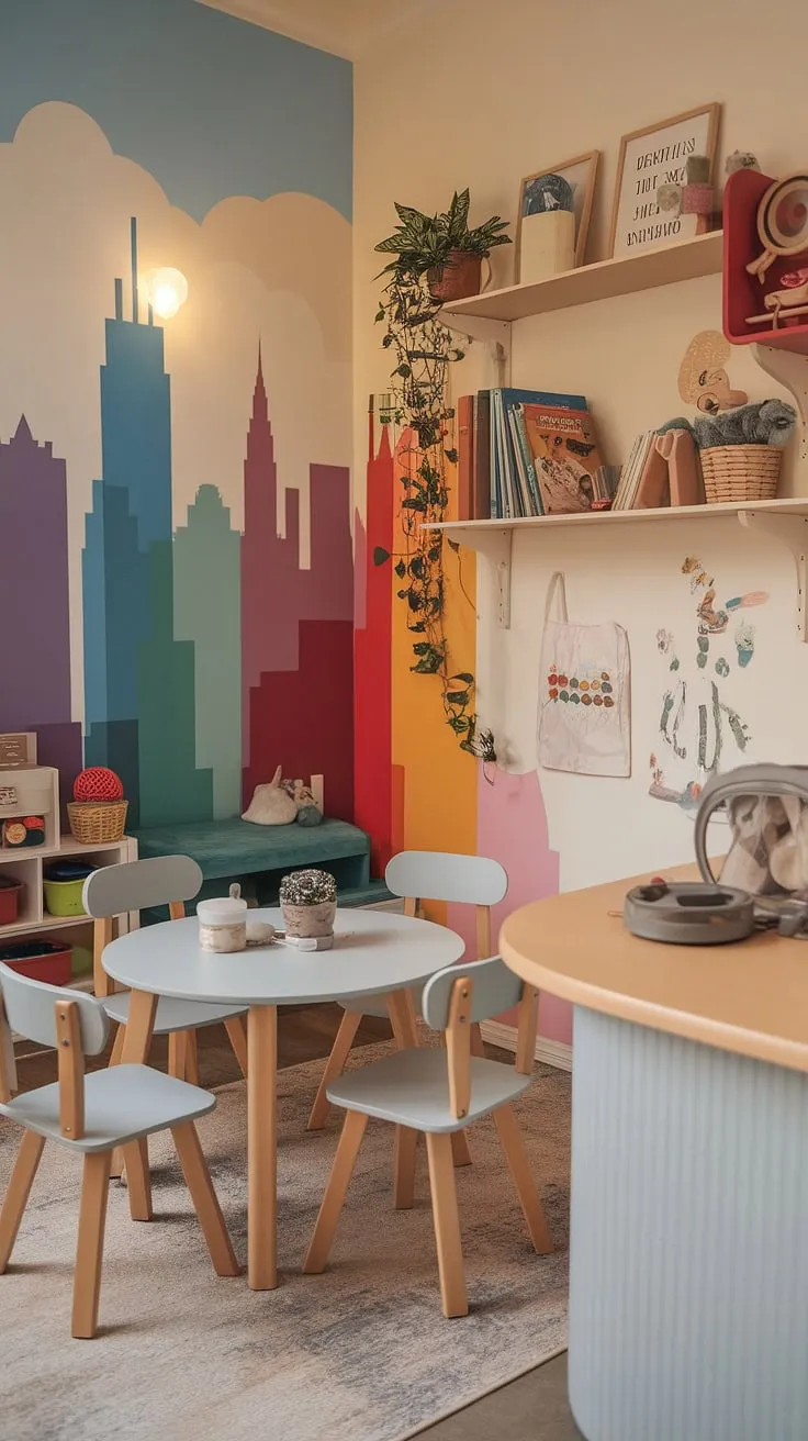This small dream playroom is every child's fantasy brought to life!  A whimsical play cafe and indoor playground design, complete with a colorful city skyline mural, makes this kids playroom decor truly special.  The perfect indoor playroom for imaginative play, it's a play place where little ones can enjoy a coffee (for the grown-ups!) and hours of fun.  Ideal as a baby playroom or girls playroom, this space is a testament to creative indoor playroom design.