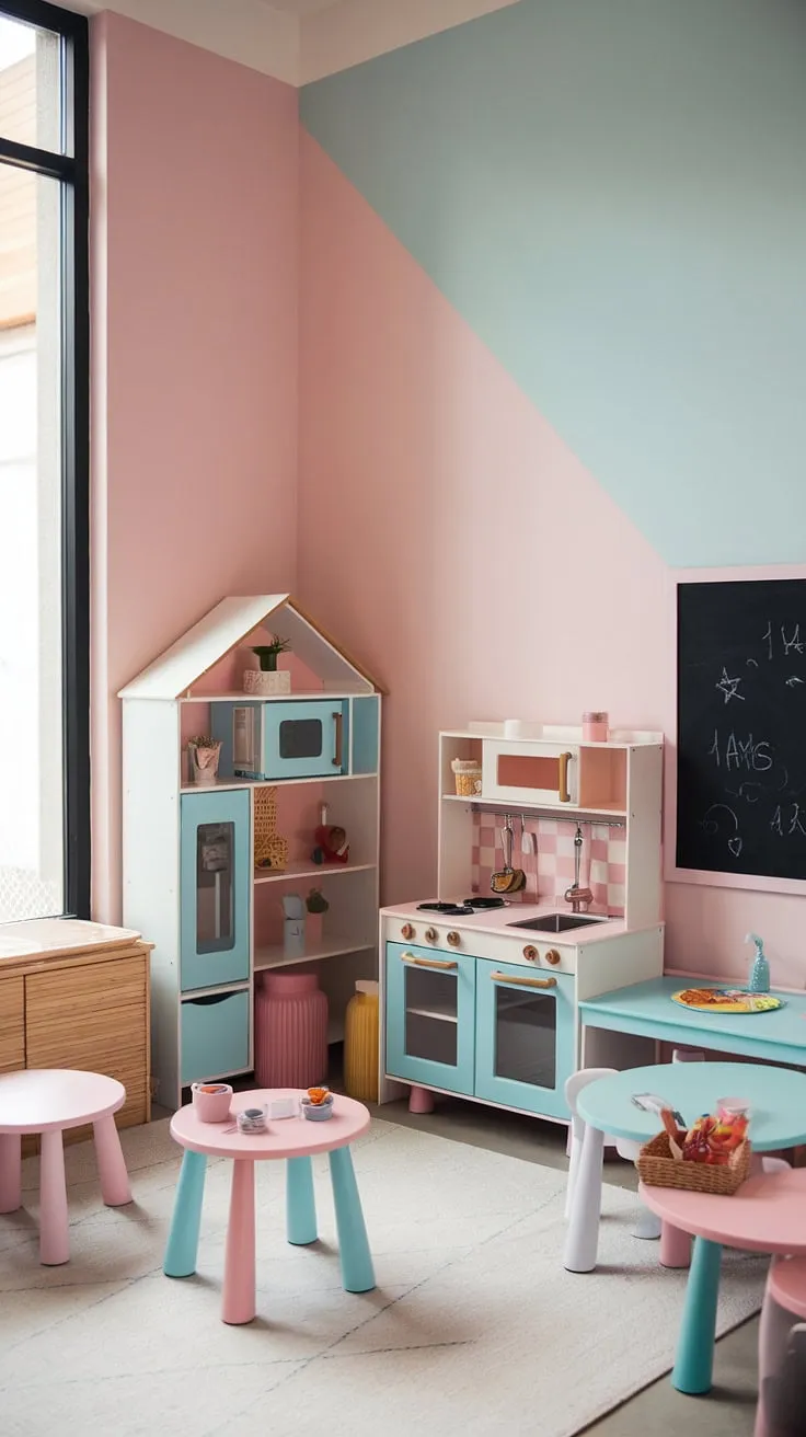 This small playroom is every girl's dream playroom, a perfect indoor playroom and indoor playground design.  The pastel pink and blue theme creates a calming play place, almost like a mini play cafe or kids cafe, perfect for imaginative play.  The little kitchen set, dollhouse, and chalkboard wall complete this baby playroom and kids playroom decor.