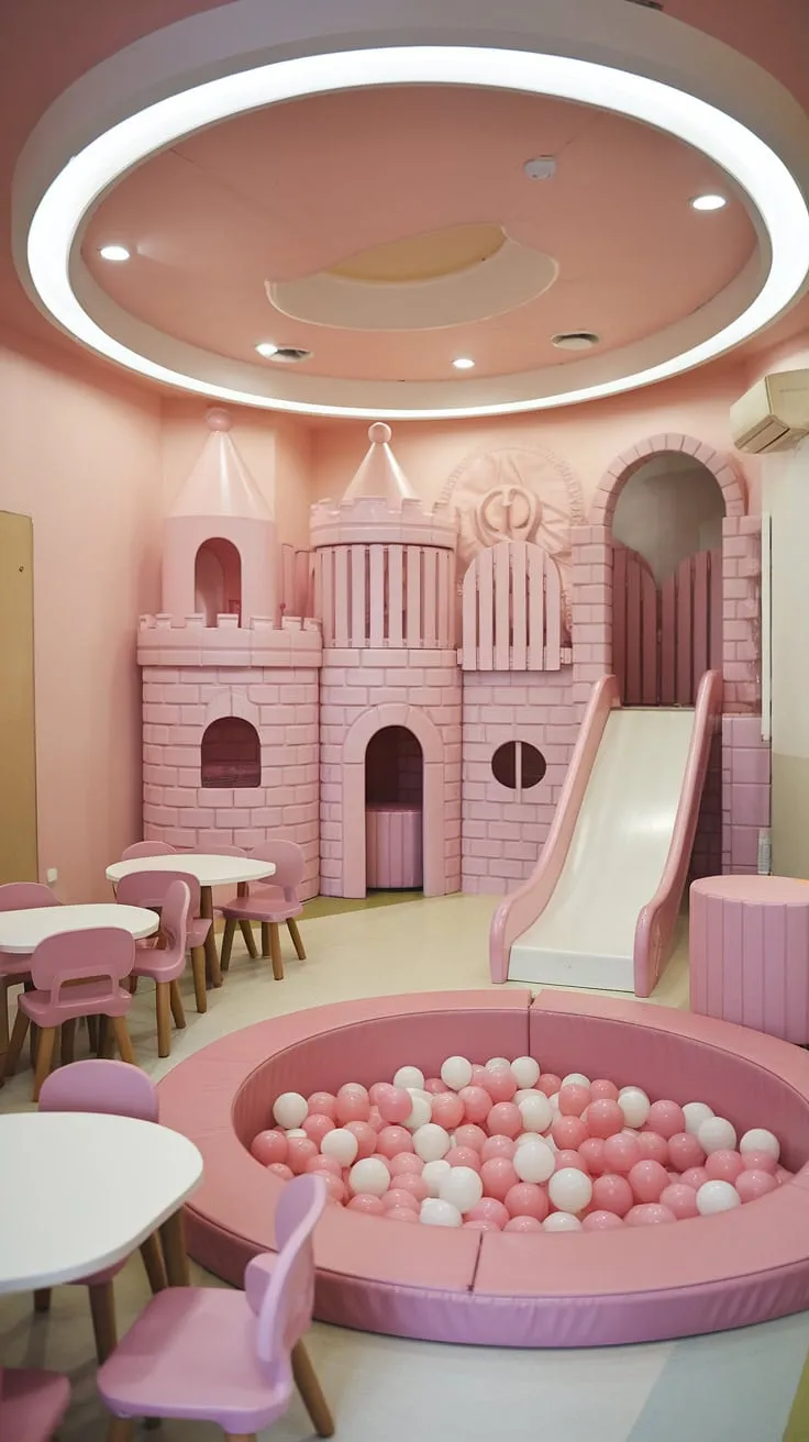 Step into this dream playroom, a small space transformed into a magical indoor playground design.  The pink-themed play cafe features a whimsical castle playhouse, a thrilling slide, and a delightful ball pit – the perfect kids cafe and baby playroom, or girls playroom, showcasing clever kids playroom decor. This indoor playroom is every child's play place.
