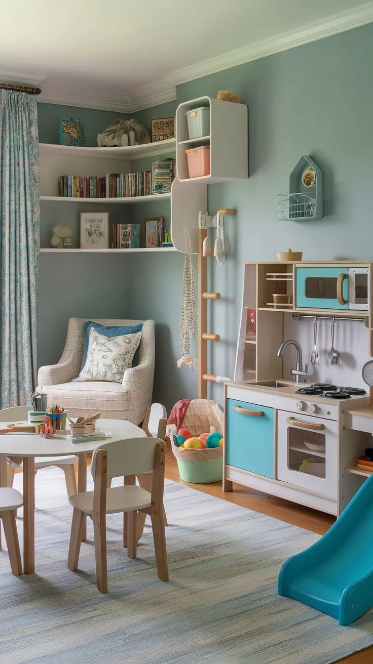 Transforming a small space into a dream playroom doesn't require a lot of room! This indoor playroom boasts a charming reading nook, a creative craft area, a playful kitchen, and a fun climbing structure, making it the ultimate indoor playground design.  It's the perfect play place for imaginative play, a delightful kids cafe alternative, and a stylish kids playroom decor solution, ideal as a girls playroom or even a baby playroom.