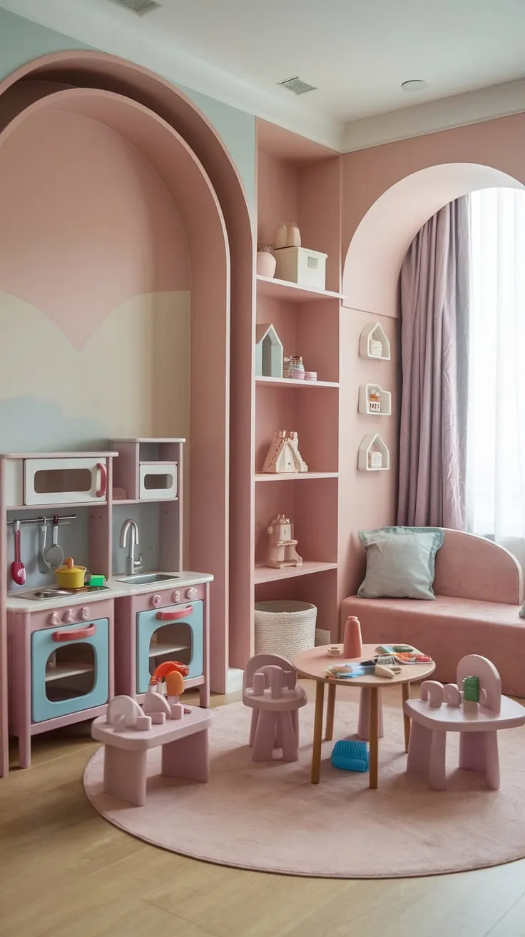 This small dream playroom is every girl's fantasy come true!  The indoor playground design, complete with a play kitchen, dollhouse, and building blocks, transforms this space into a magical play place, almost like a mini play cafe or kids cafe.  Perfect for imaginative play and cozy gatherings, this baby playroom and kids playroom decor is the ultimate blend of style and functionality.