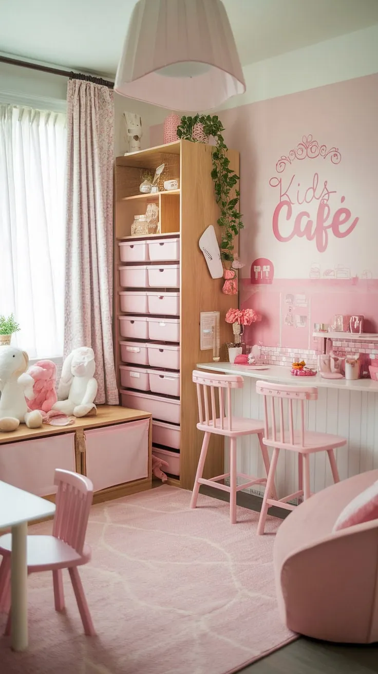 Step into this dream playroom, a small but perfectly formed indoor playroom and play cafe designed for little ones.  The pink and white theme creates a sweet and inviting atmosphere, complete with a kids cafe, adorable play place, and plenty of space for imaginative play. This girls playroom showcases clever indoor playground design, transforming a small space into a baby playroom haven.  The kids playroom decor is both stylish and functional, making it the perfect blend of play and relaxation.