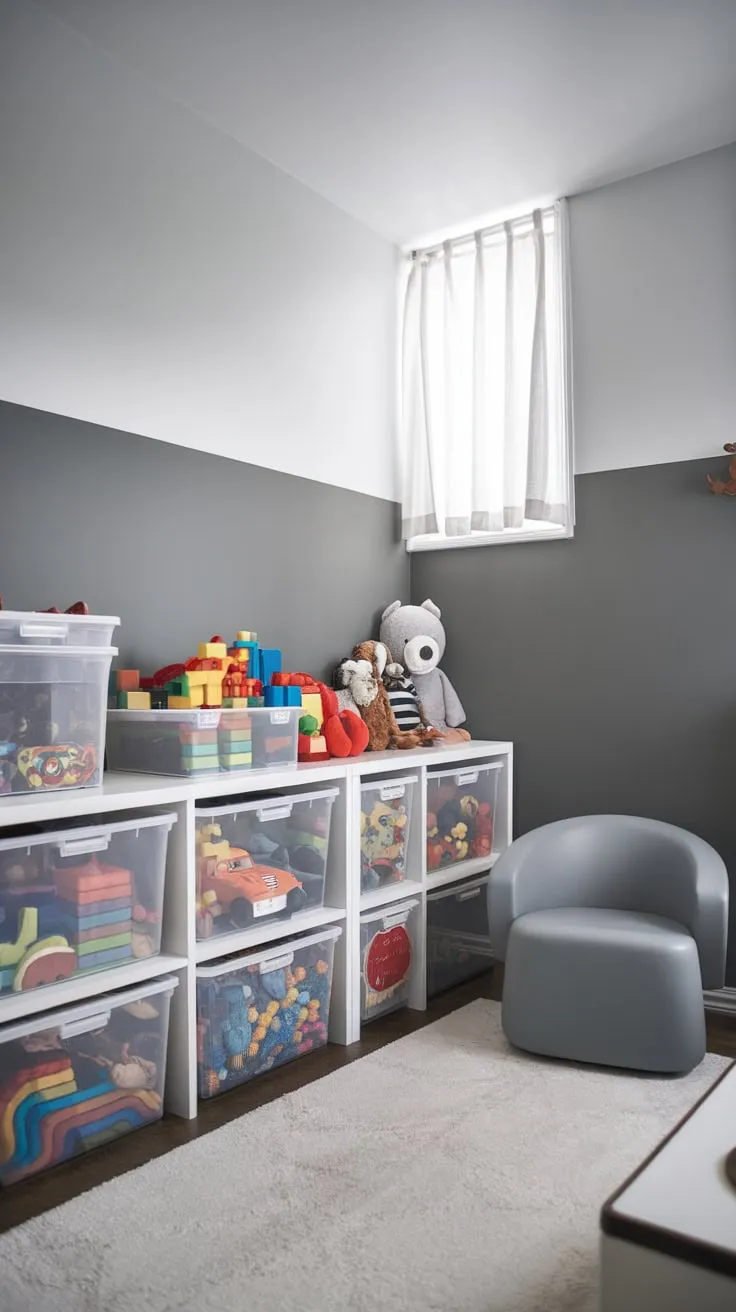 Organized clear bins on white shelves keep a modern gray and white playroom tidy and visually appealing.