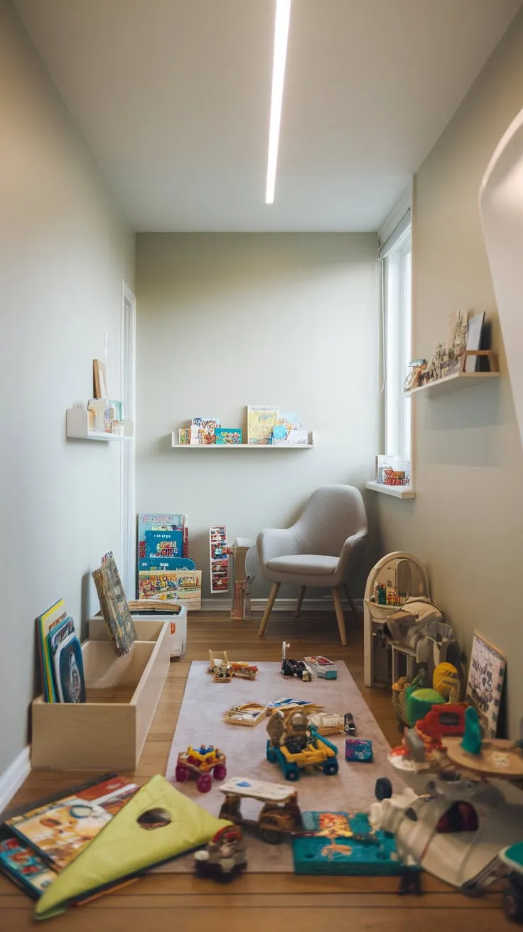 Maximize a small modern playroom's potential with smart storage to tame toy clutter and create a functional, inviting space