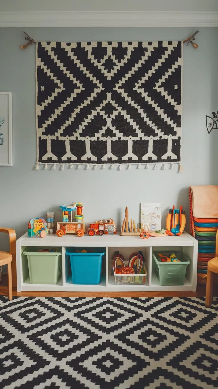 Modern playroom design features IKEA Kallax shelving overflowing with colorful toys, complemented by a black and white rug and light blue walls for a playful yet organized atmosphere