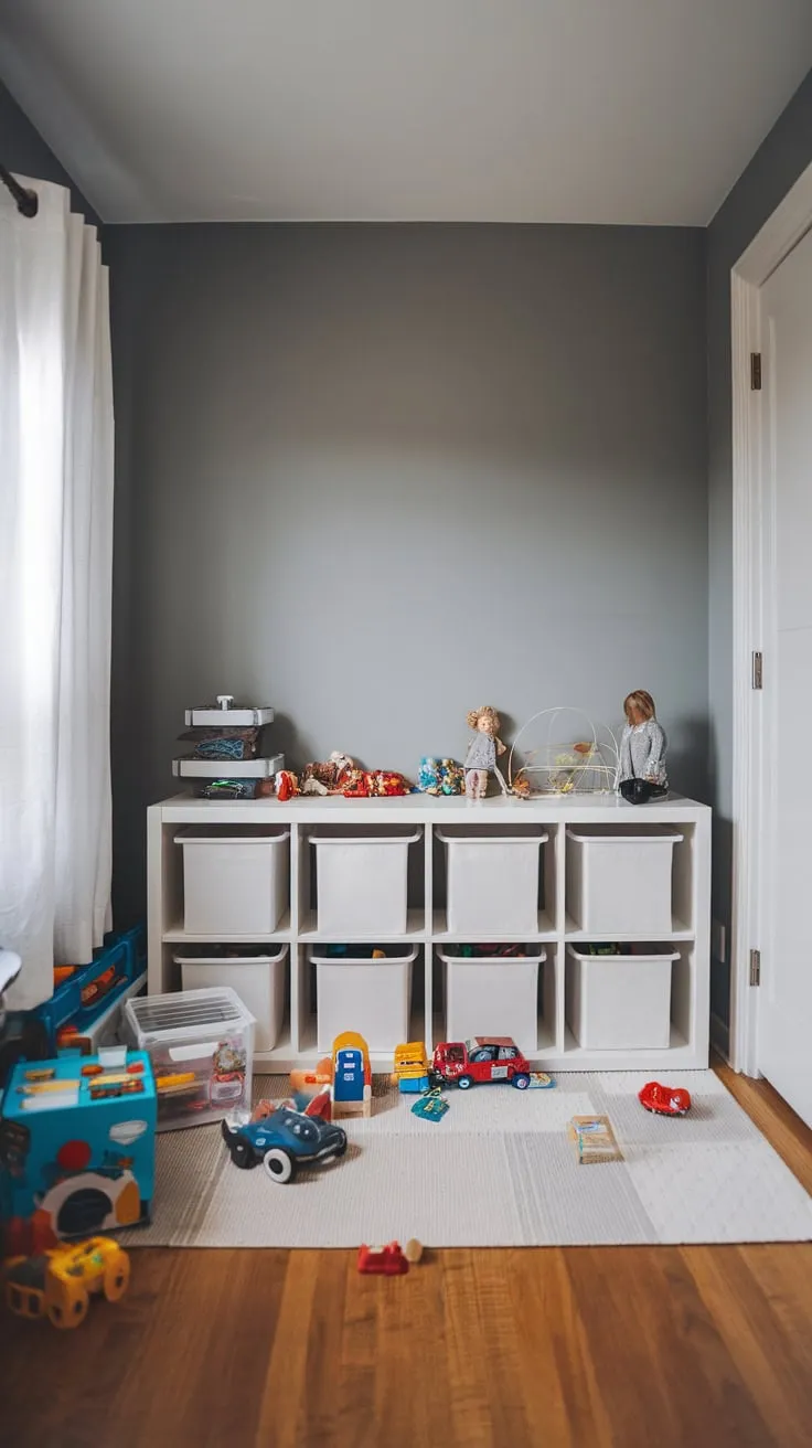 A bright playroom features stylish IKEA storage maximizing space and minimizing clutter with toys neatly organized in white cubes and boxes.