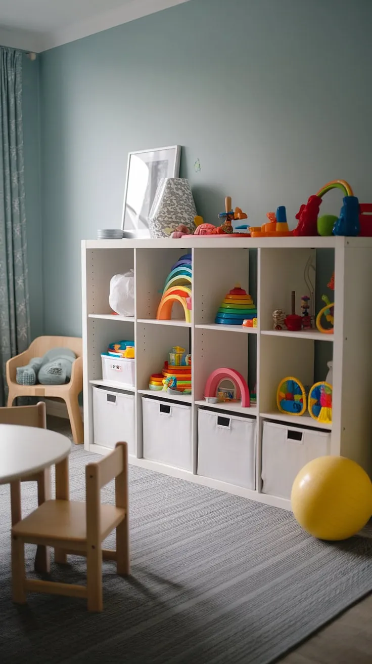 Transforming a small space into a joyful play haven is easy with the right toy room organization. This setup demonstrates how effective ikea toy storage can be, using a simple Kallax shelf for playroom storage that's both aesthetically pleasing and practical.  The result is a modern playroom design that's a masterclass in clever storage solutions, perfect for toddler toy organization and inspiring playroom ideas.