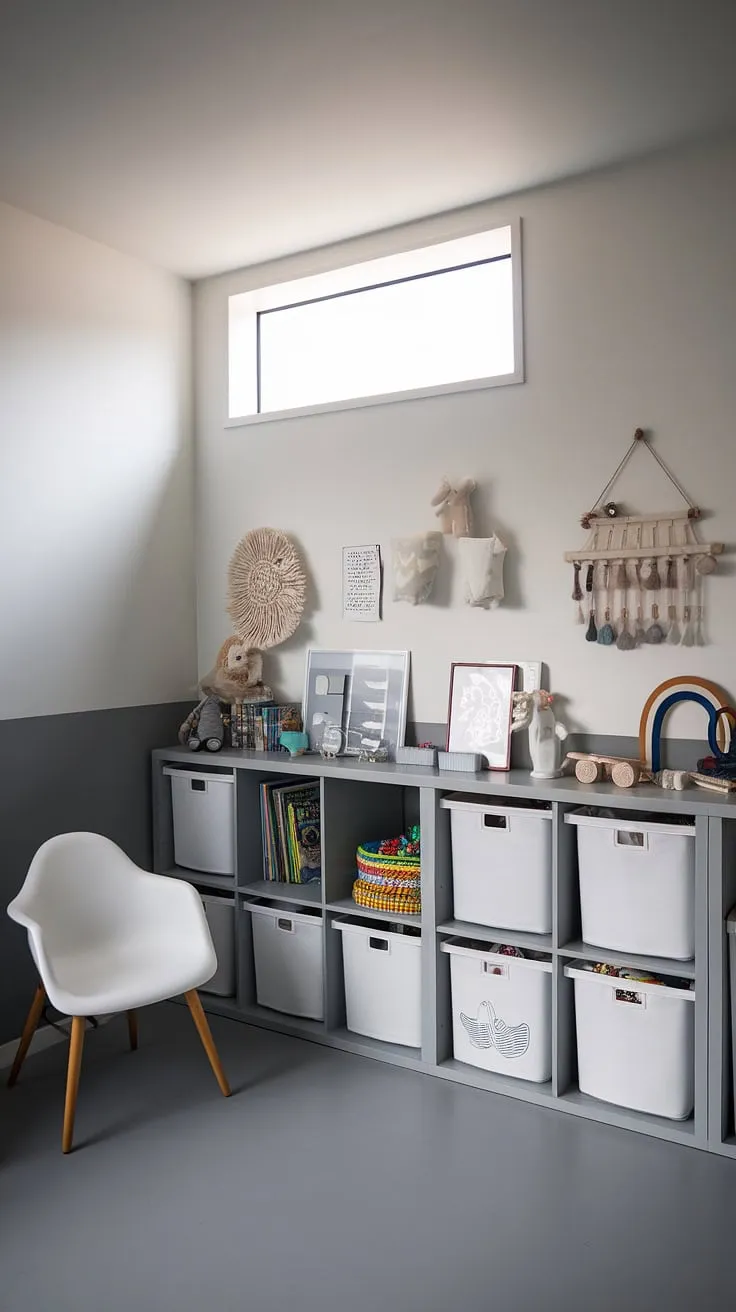 Transforming chaos into calm with smart playroom organization! This IKEA toy storage system is a game-changer for toy room organization, providing ample playroom storage and stylish toy storage solutions.  The minimalist design complements the modern playroom design, making this small space toy storage solution both functional and aesthetically pleasing.