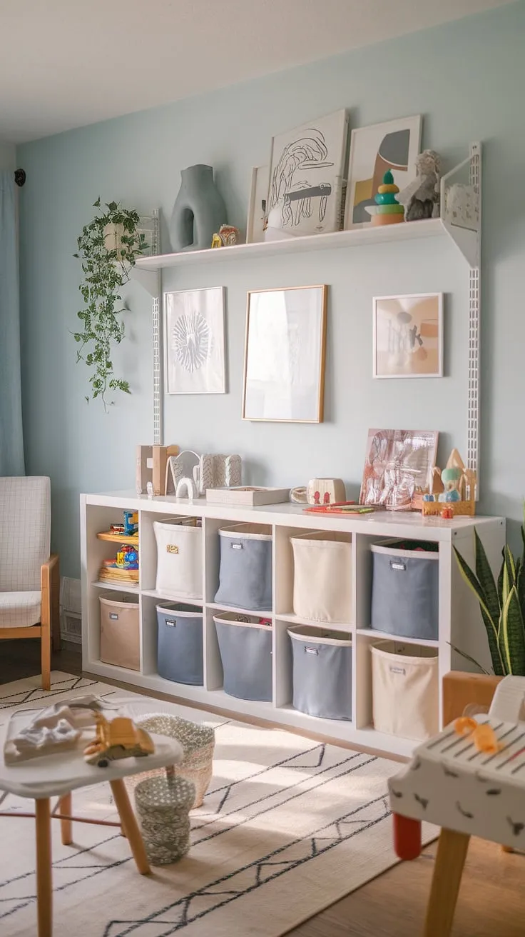 Transforming a small space into a functional and stylish playroom is easier than you think! This playroom organization setup showcases the power of simple yet effective toy storage solutions. The IKEA Kallax shelf is the star, offering versatile playroom storage and keeping toddler toy organization a breeze.  Modern playroom design meets practical functionality in this inspiring space, perfect for those seeking playroom ideas.