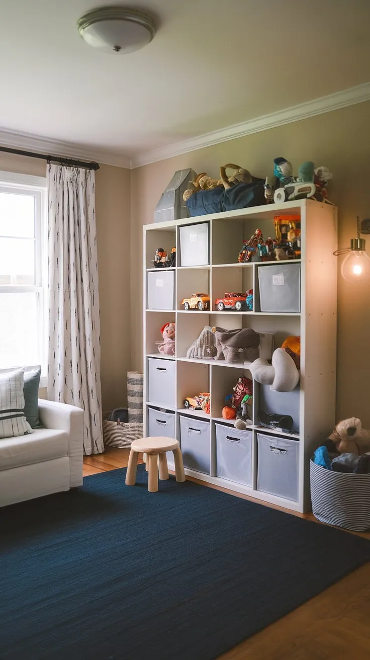 Transform your playroom into a haven of calm with smart toy room organization. This small space toy storage setup, featuring an IKEA Kallax shelf, showcases how playroom ideas can blend style and functionality.  The result?  A modern playroom design with efficient playroom storage and clever storage solutions for even the most toy-filled toddler's room.