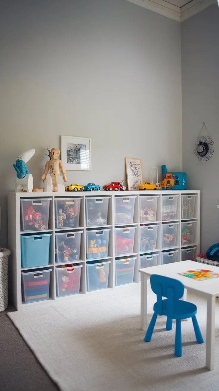 A light gray playroom boasts stylish IKEA Kallax and Rast storage solutions keeping toys organized and the space bright.