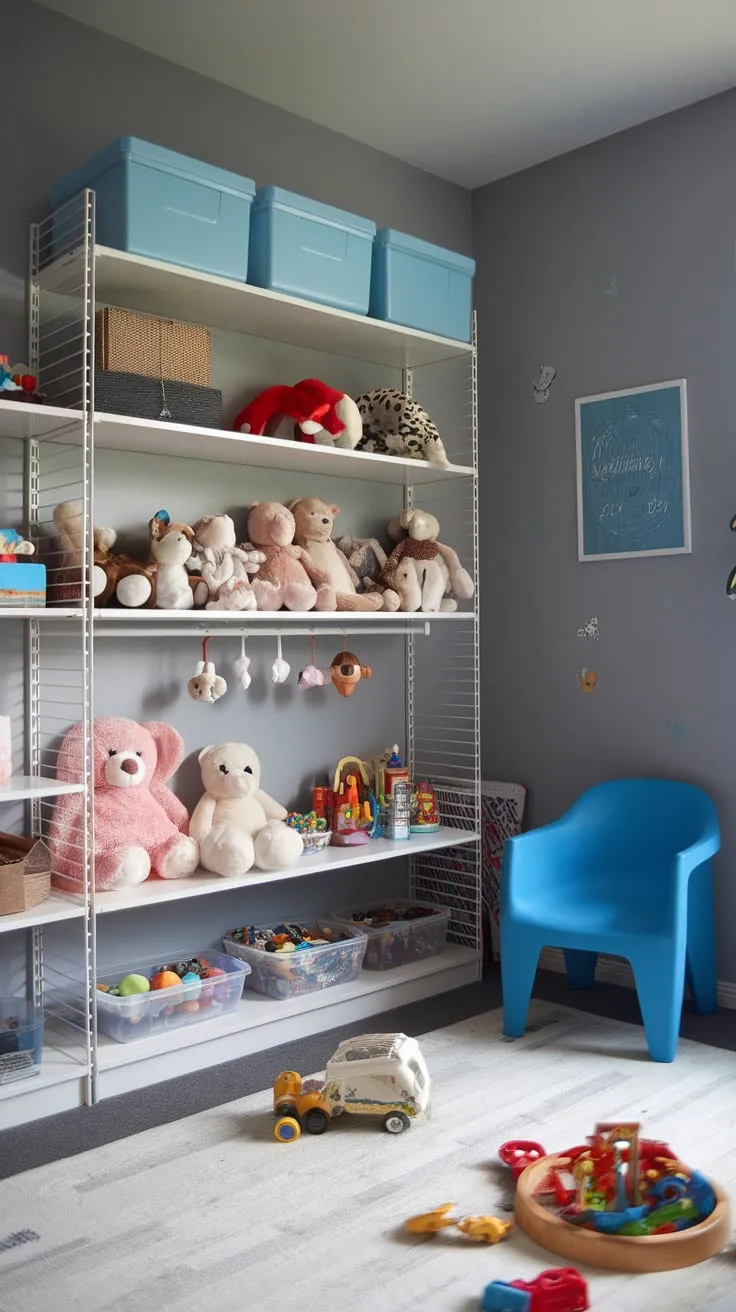Clever IKEA Expedit shelving transforms a modern gray playroom into a haven of organized fun, keeping toys tidy and readily accessible.