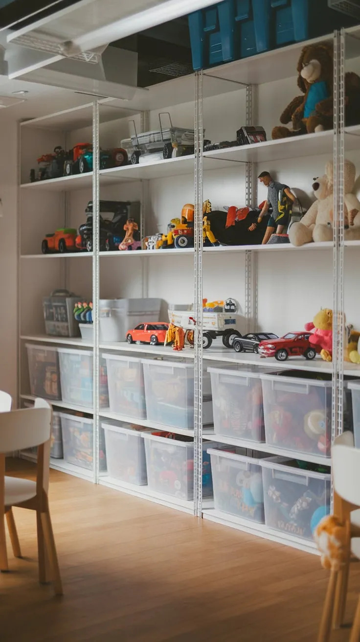 Maximize your small playroom's storage with IKEA Kallax shelves and clear bins, keeping toys organized and easily accessible