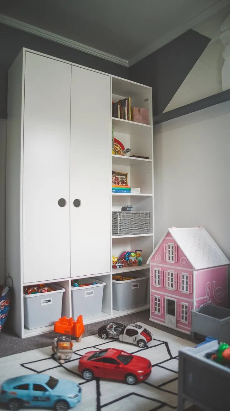 Clever storage solutions maximize space in a stylish, white and grey playroom featuring an IKEA KALLAX bookcase