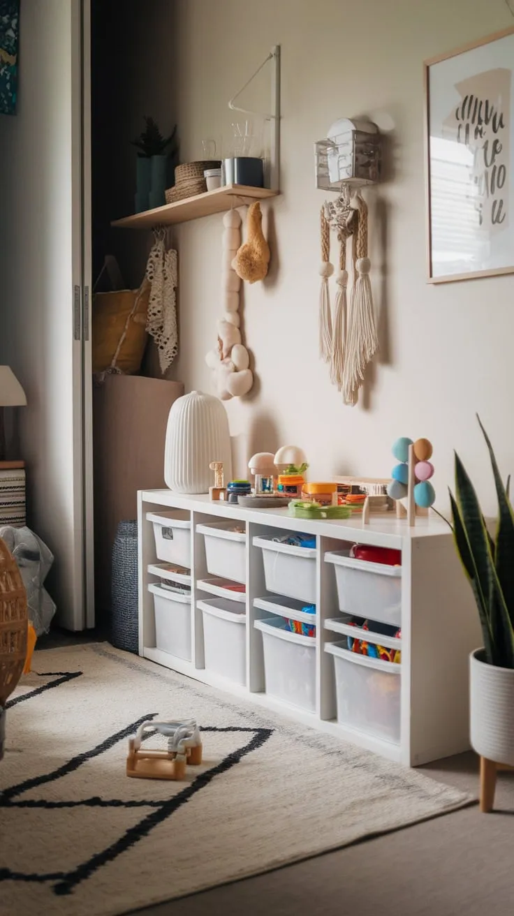 Maximize your small playroom's space with stylish IKEA shelving for effortless toy organization