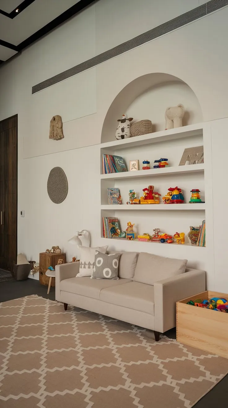 A stylish playroom boasts ample storage solutions including a white bookshelf overflowing with toys and a wooden toy box complementing a beige and white aesthetic.