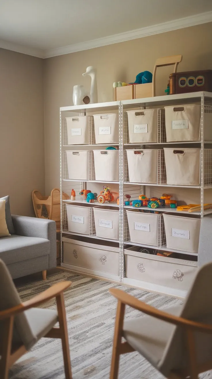 A calming beige playroom cleverly utilizes Ikea Kallax shelves and labeled storage to keep toys organized and the space feeling open.