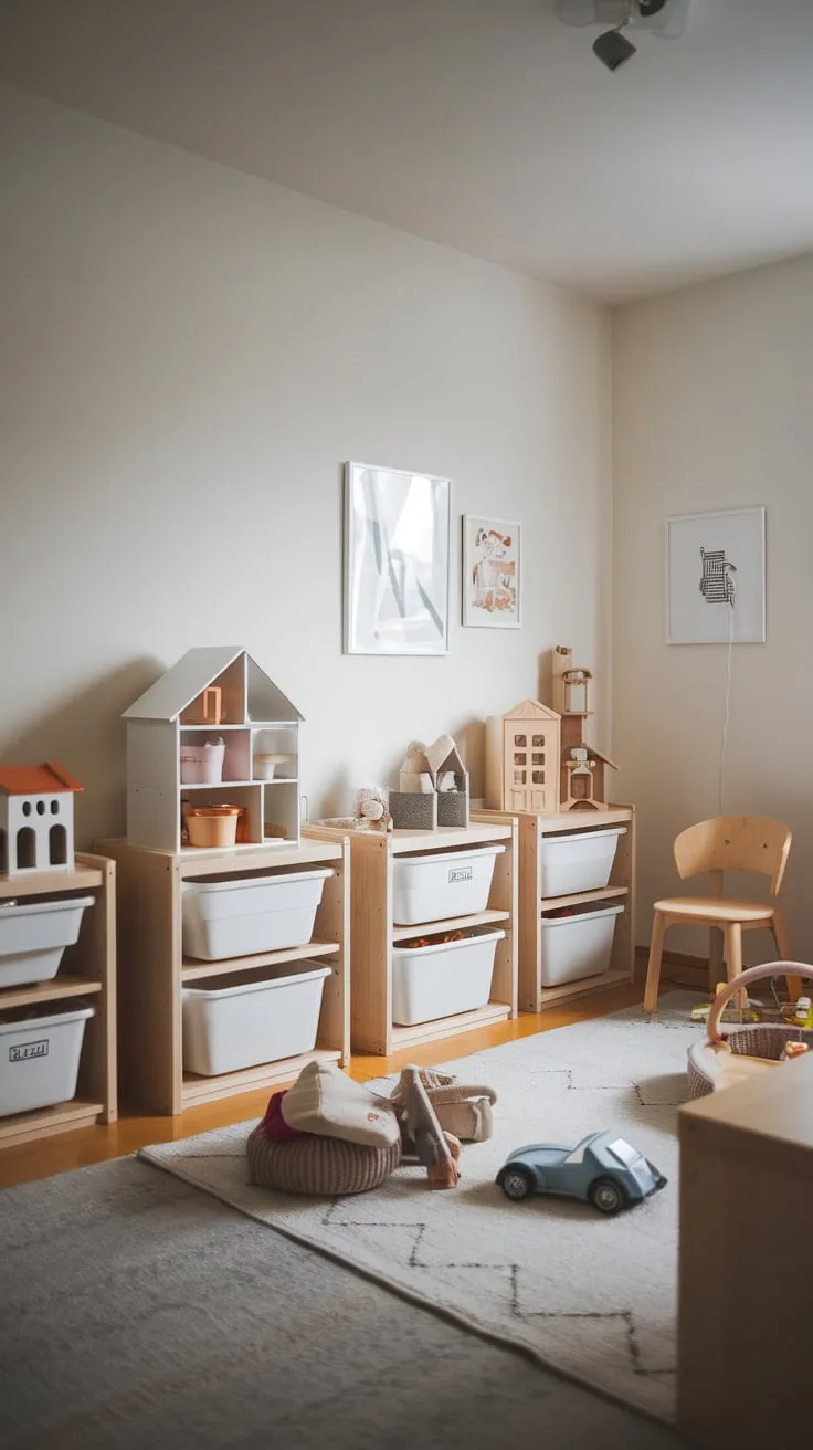 Modern IKEA Kallax shelving creates a clean, organized playroom haven in a minimalist white and wood design.
