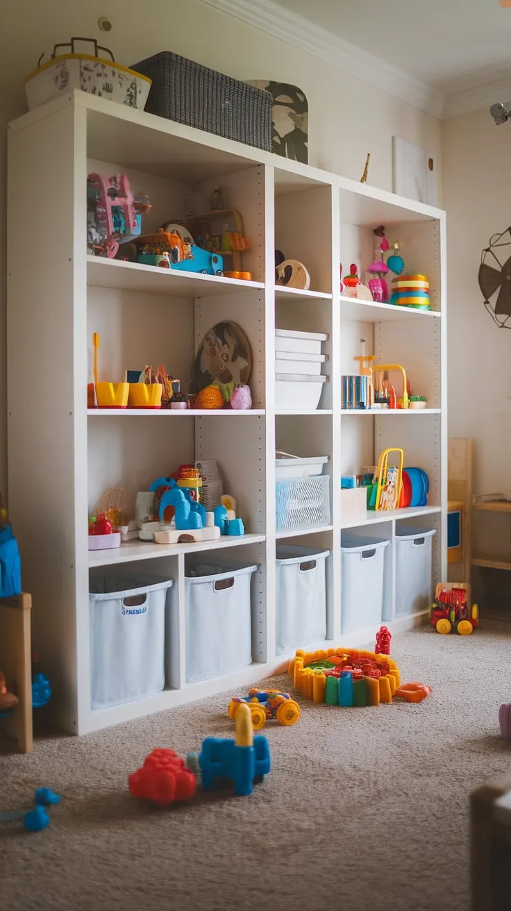 Transforming chaos into calm with smart playroom storage! This IKEA Kallax shelf unit is a game-changer for toy room organization, offering a stylish and efficient solution for even the most overflowing toy collection.  From toddler toy organization to clever storage solutions, this modern playroom design showcases how easy it is to achieve a beautifully organized space, even with limited space.  Perfect playroom ideas for small space toy storage.