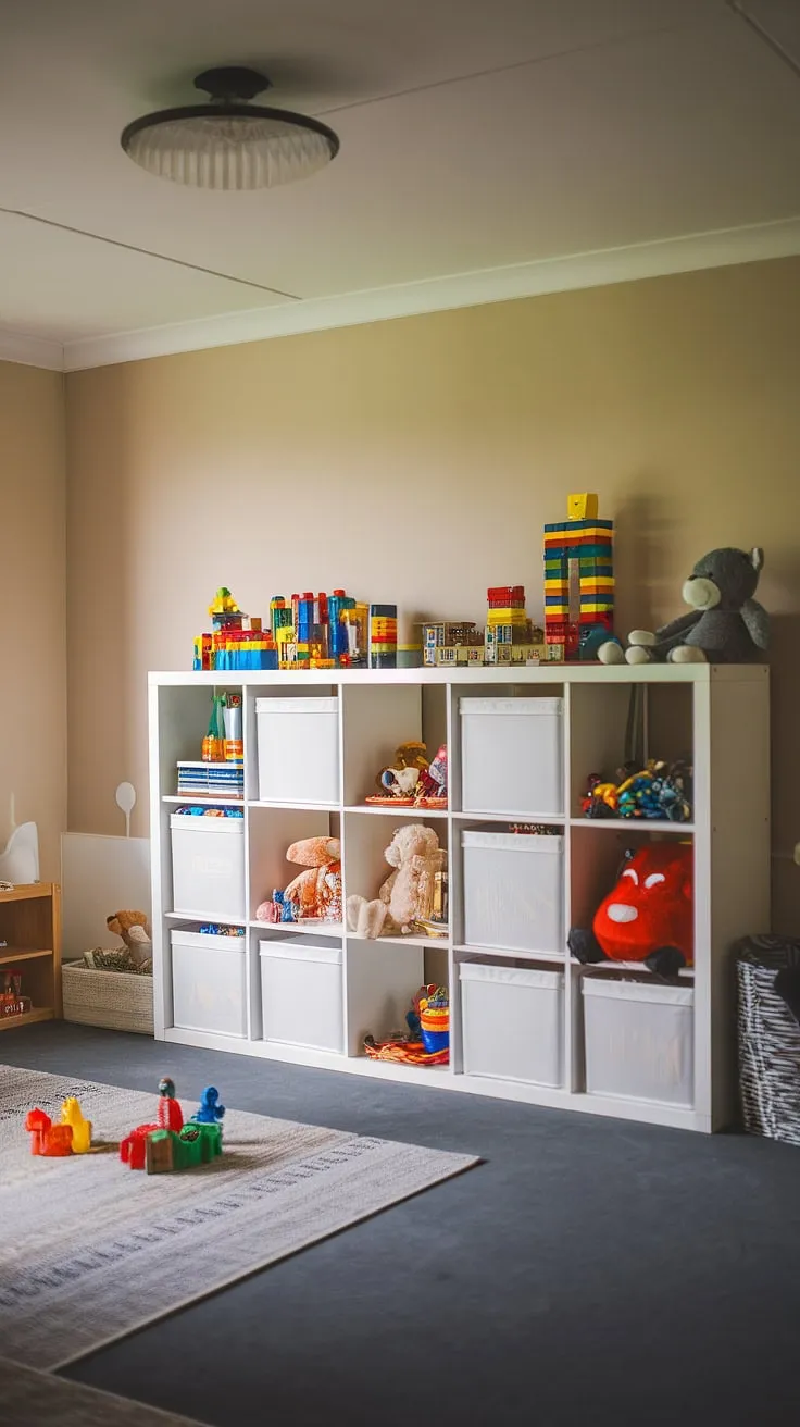 This modern playroom design showcases the power of smart toy storage solutions.  The IKEA Kallax shelf transforms chaotic toy piles into a visually appealing and functional playroom storage system.  Perfect for toddler toy organization in even the smallest spaces, this setup offers a practical and stylish approach to playroom organization and ikea toy storage.  Clever storage solutions like this make all the difference in creating a calm and organized playroom.