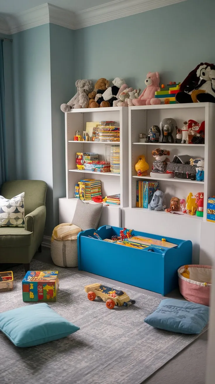 Transforming chaos into calm: this playroom showcases the power of playroom storage.  IKEA furniture provides the perfect base for toy room organization, with the blue storage bench and white bookshelf offering ample space for toys.  This modern playroom design is a testament to effective toy storage solutions, perfect for parents seeking playroom ideas that blend style and practicality, even in a small space.