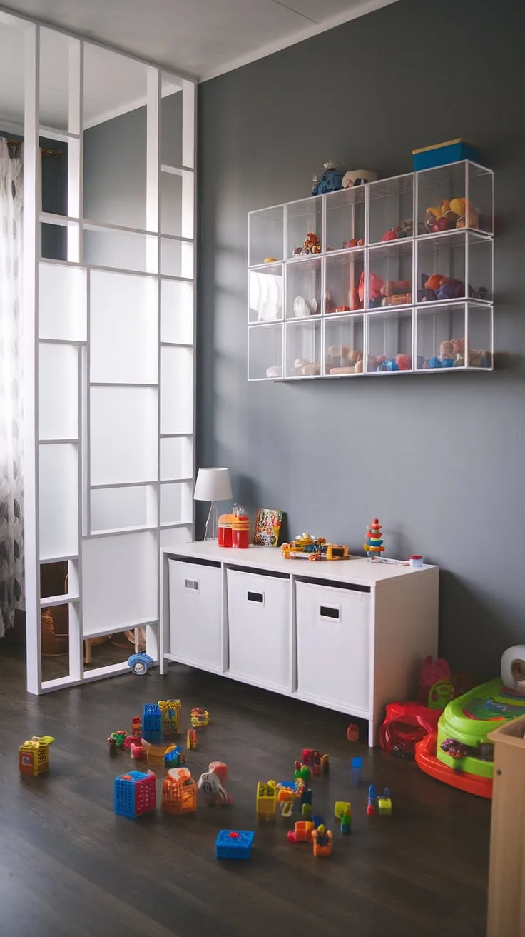 Maximize space and minimize clutter with these brilliant playroom ideas.  This small space toy storage solution showcases the power of strategic toy storage solutions.  The combination of open and closed IKEA storage units provides the perfect balance of playroom storage and visual appeal.  This modern playroom design is a testament to effective toy room organization and clever storage solutions for a toddler's room, making playtime both fun and organized.