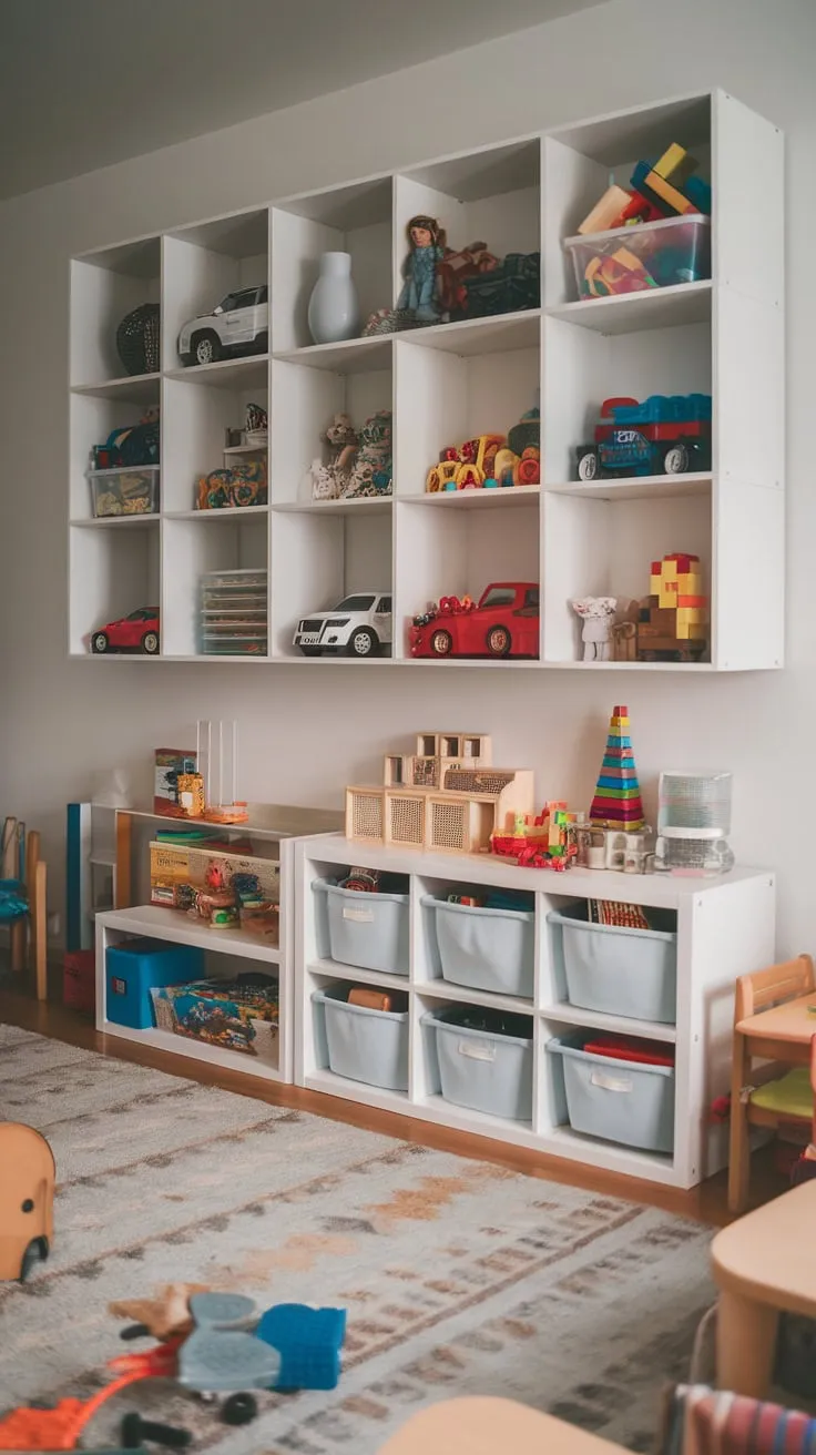 A modern playroom utilizes IKEA Kallax and Expedit shelving to stylishly organize toys and maximize space