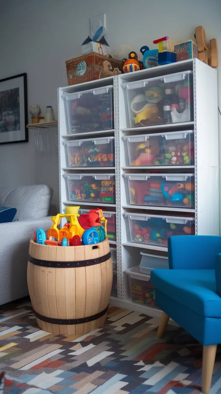 Maximize your small playroom's space with stylish IKEA Kallax storage and a charming wooden barrel, keeping toys organized and the room looking great