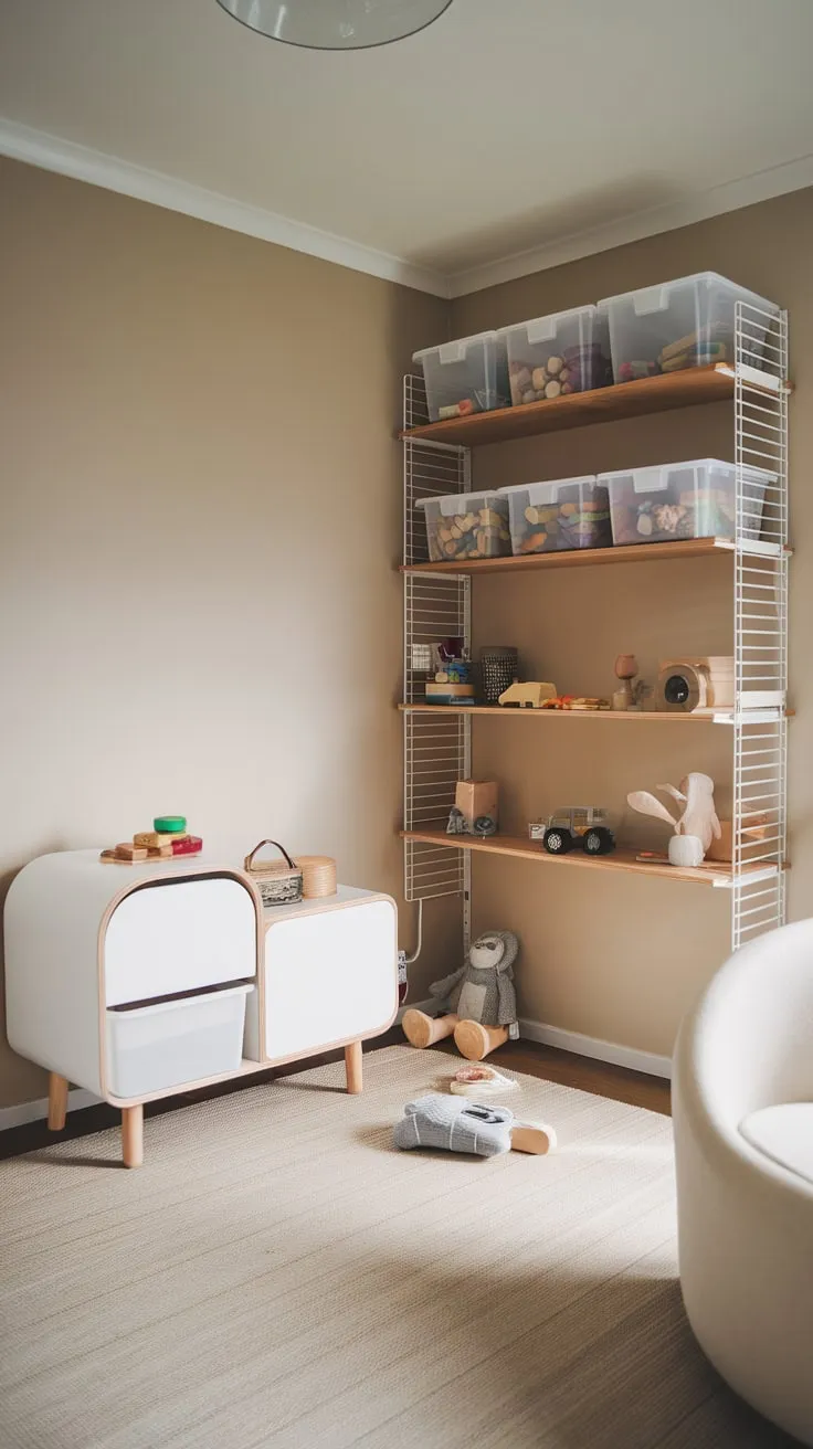 Stylish IKEA Kallax and Rast units create a calm and organized modern playroom.