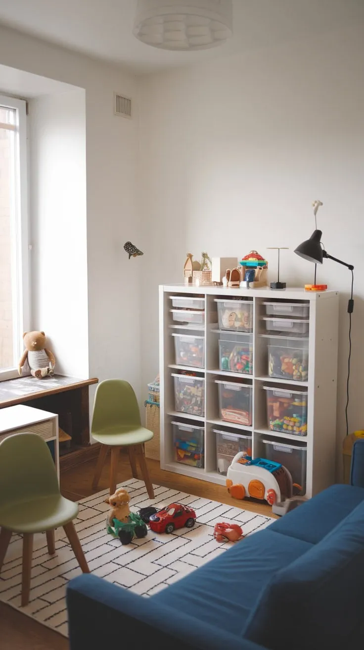 A modern white playroom utilizes a Kallax shelf with clear bins to stylishly organize toys, maintaining a clean aesthetic despite scattered playthings