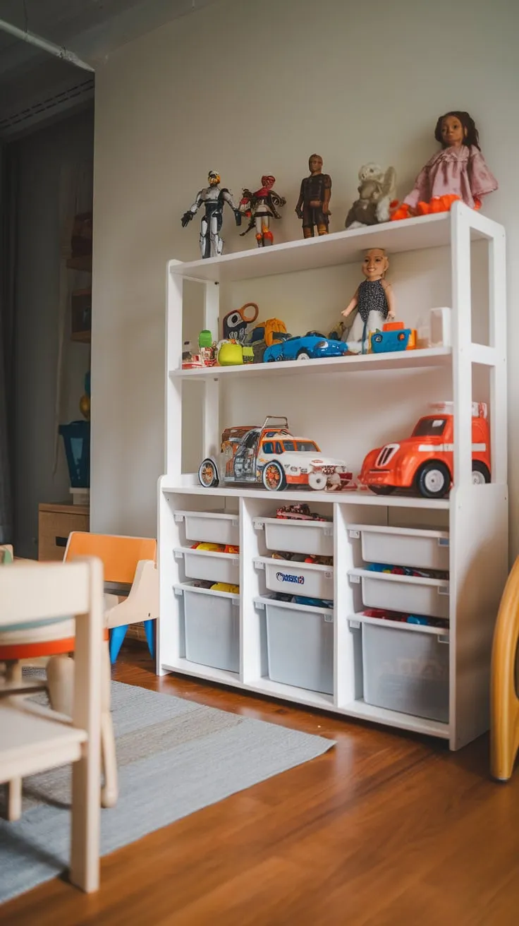 A bright modern playroom features a white IKEA shelving unit neatly organizing a colorful collection of toys.