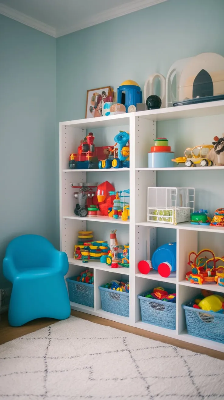 A stylish playroom features an organized IKEA Kallax shelf overflowing with colorful toys, creating a cheerful and functional space
