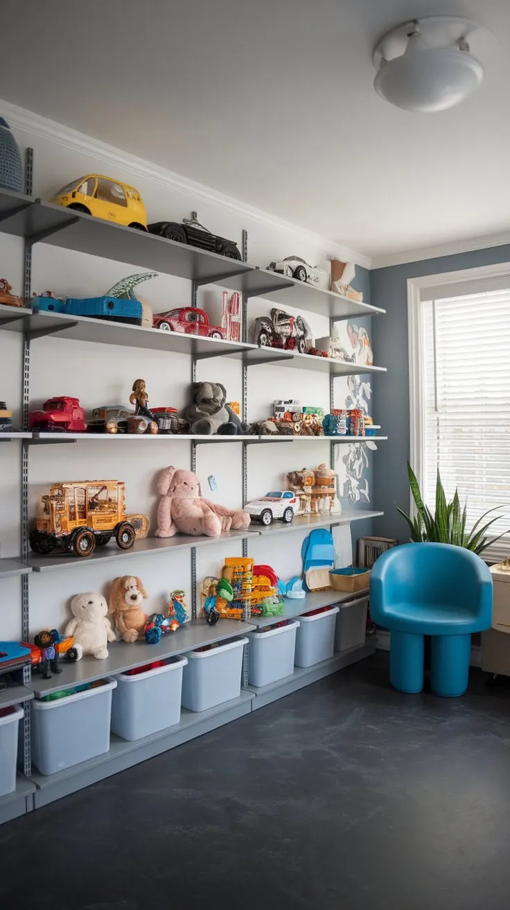 Modern playroom storage is cleverly solved with a gray IKEA Kallax, showcasing toys and maintaining a clean aesthetic.