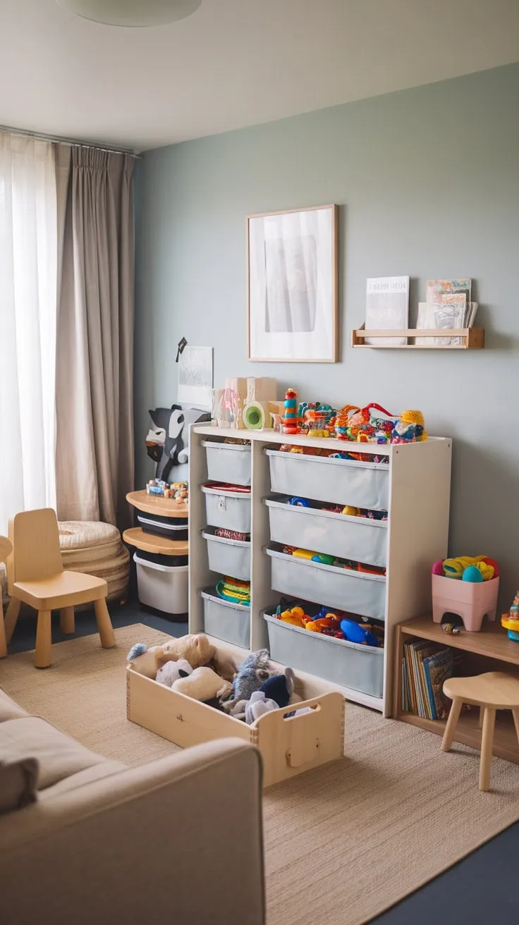 A light blue modern playroom boasts stylish toy storage solutions including an IKEA Kallax, wooden bins, and shelves, creating a calm and organized space for play