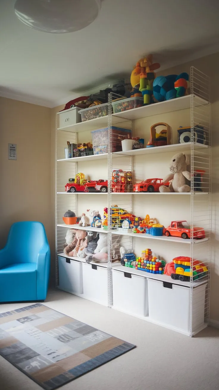 A bright modern playroom utilizes an IKEA Kallax shelf for stylish and practical toy storage