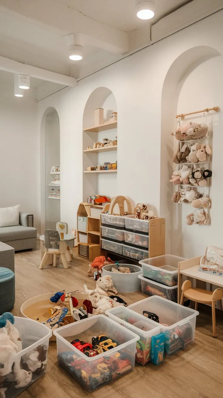 A bright modern playroom maximizes space and style with creative toy storage solutions in clear bins, wooden shelves, and a hanging unit.