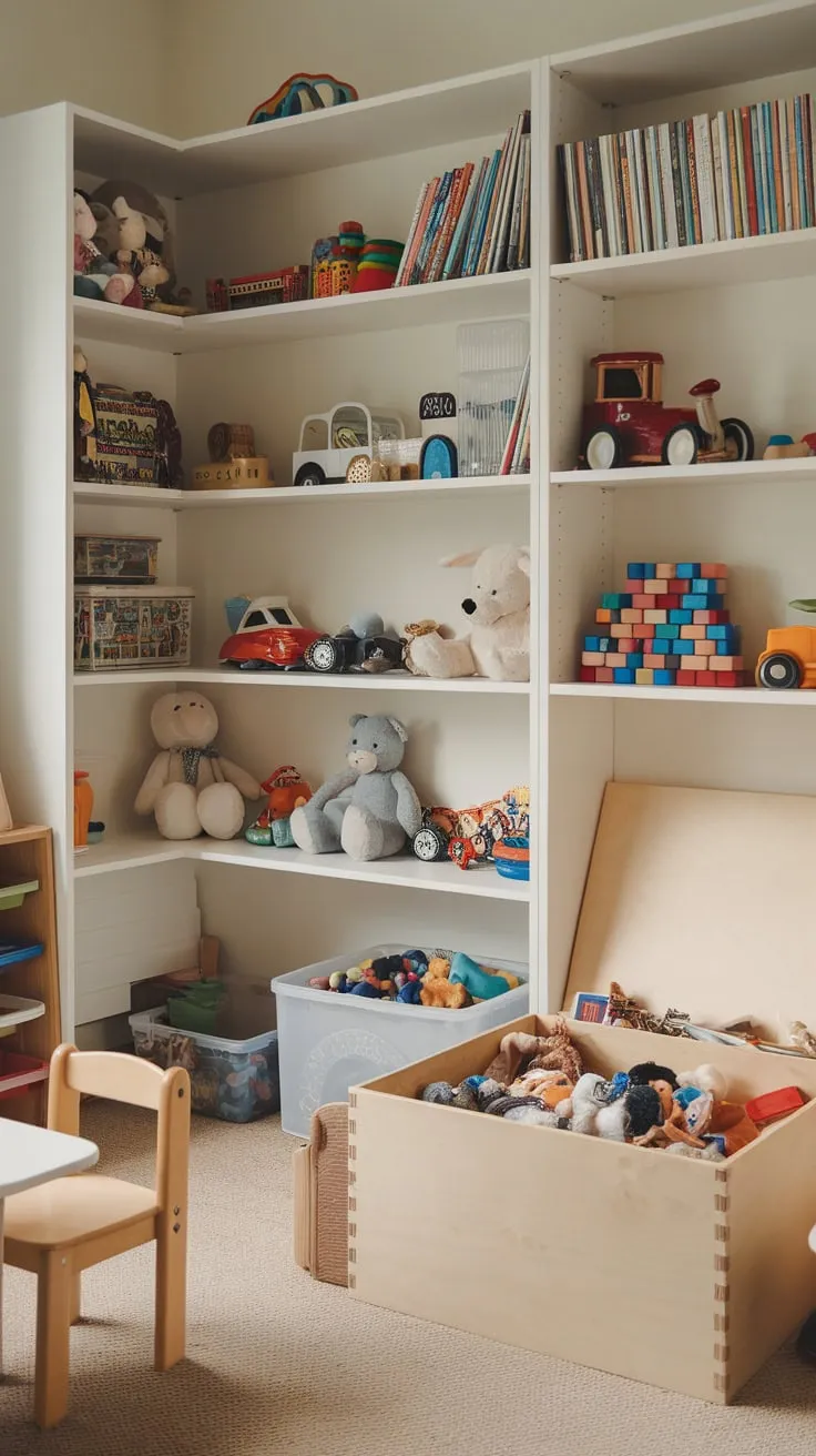 Maximize your small modern playroom's storage with organized shelving and clever containers for toys of all shapes and sizes