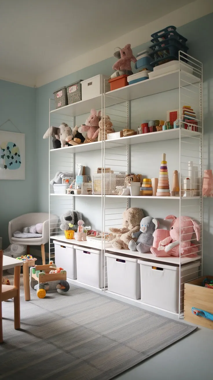 Soft blue walls and a gray rug complement a modern playroom where an IKEA Kallax shelf cleverly stores plush animals, wooden blocks, and other children's treasures.