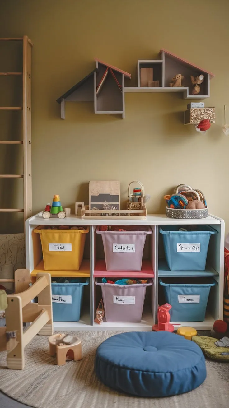 Organized chaos reigns in this sunny playroom, where an IKEA Kallax unit and colorful bins tame toy clutter.