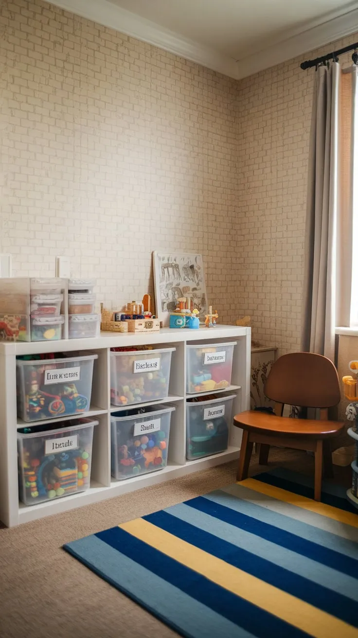 Clever IKEA Kallax storage and playful decor transform a small space into a bright and organized modern playroom.