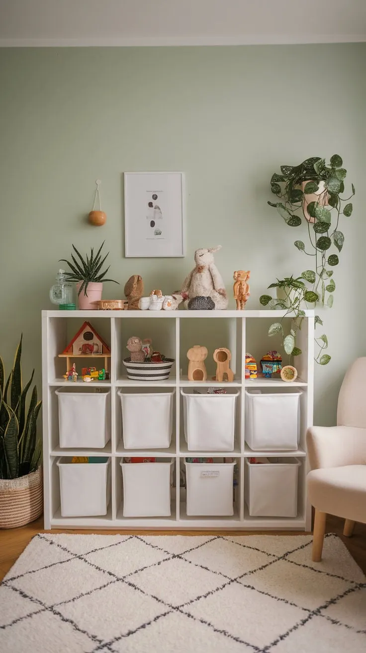 Organized playroom bliss achieved with a white IKEA Kallax shelf cleverly combining open and closed storage for toys in a calming, bright space.