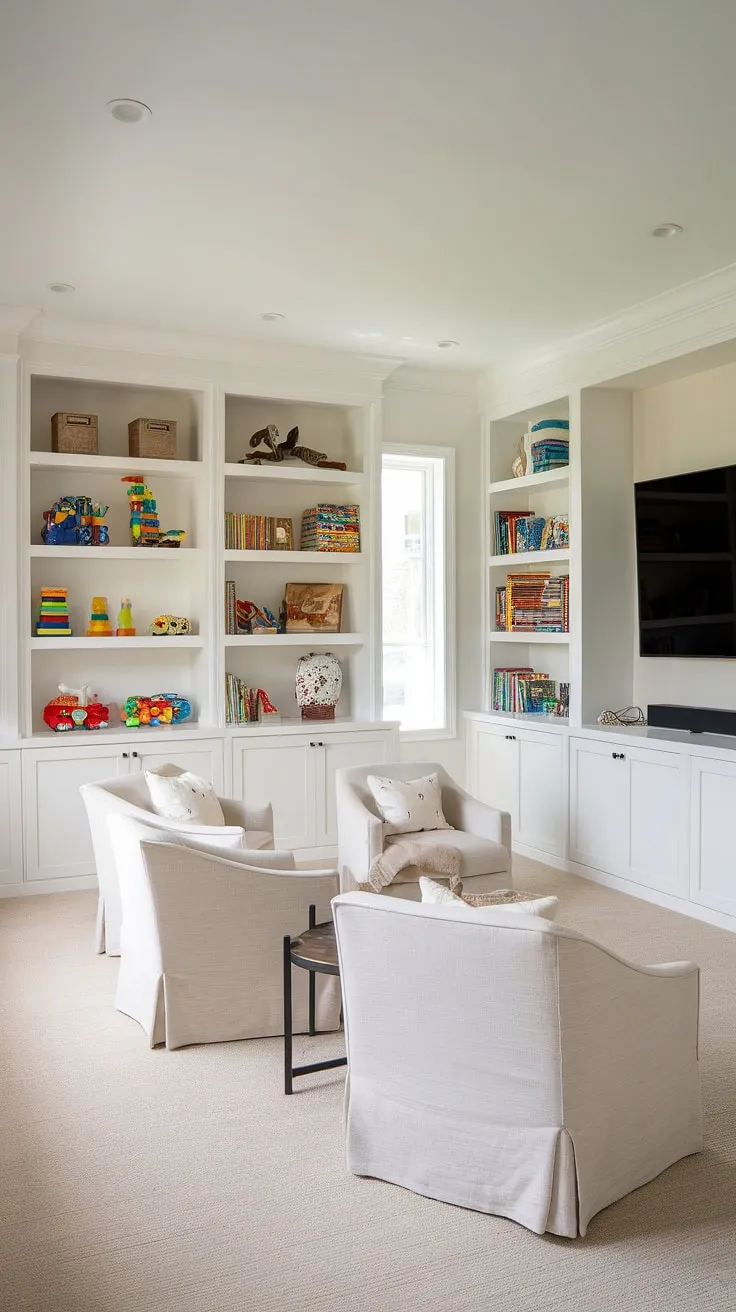 A dream kids tv playroom! This playroom tv room combo boasts clever built-in shelves in playroom, maximizing storage and style.  The game room playroom combo is perfect for family fun, with a comfy chair and large screen TV for movie nights.  Whether it's a playroom over garage or integrated into your main living space, this lounge room playroom design offers the best of both worlds, making it an ideal girls tv room ideas solution.