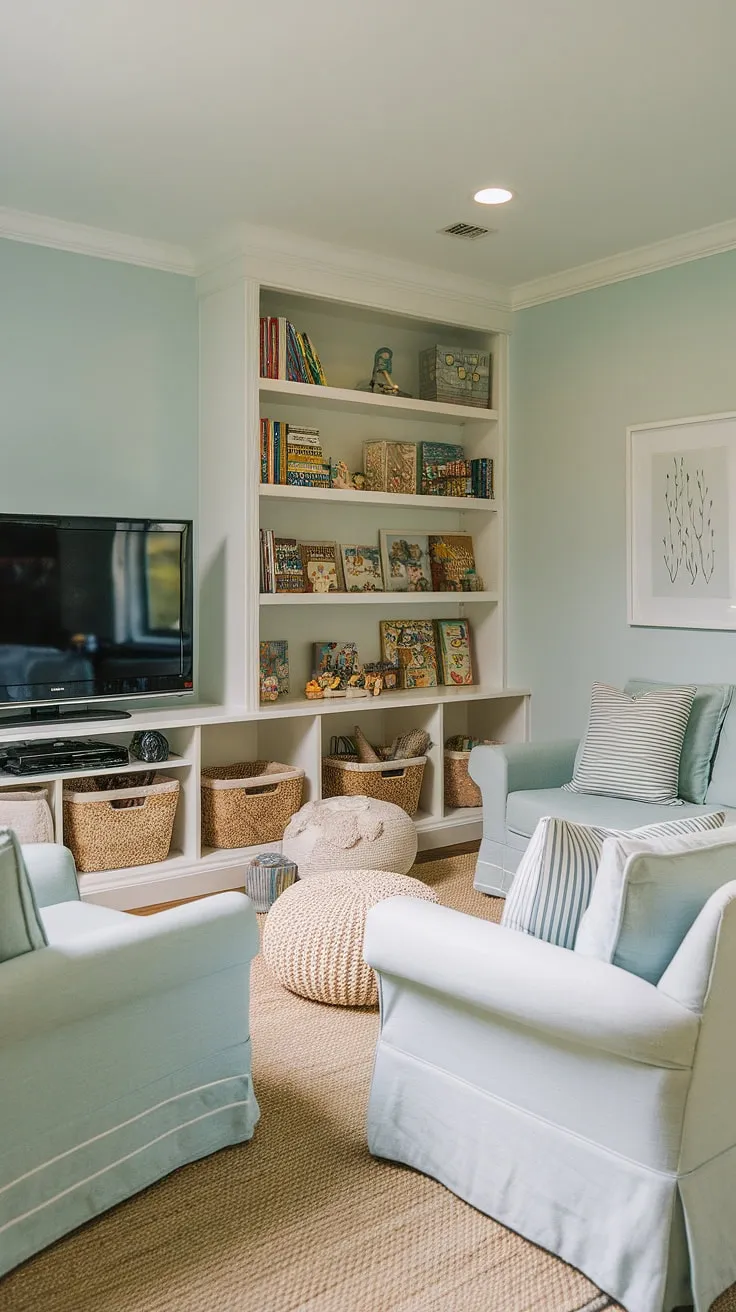 This combined lounge and playroom seamlessly blends relaxation and fun.  The built-in shelves keep toys organized, while the comfortable seating and TV create the perfect playroom entertainment room, ideal for family movie nights.  A true girls tv room ideas inspiration, this space effortlessly transitions from playtime to quiet evenings.