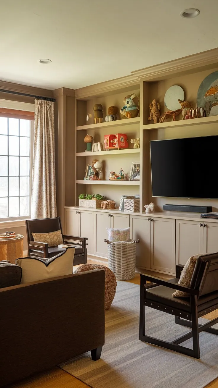 The playroom tv room combo is a dream come true! This lounge room playroom effortlessly merges relaxation and fun.  With a dark brown couch, a mounted TV, and thoughtfully designed built-in shelves in playroom, this space is both stylish and practical.  Perfect for a playroom over garage conversion, this design offers endless possibilities for girls tv room ideas and is a fantastic example of a playroom entertainment room.  The result is a truly captivating game room playroom combo.