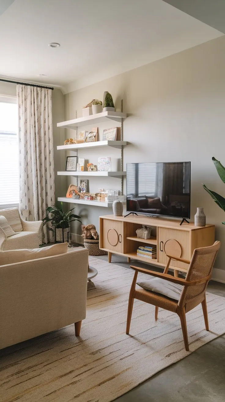Light gray walls and a beige rug create a calming atmosphere in this combined playroom and TV room, perfect for both relaxation and playtime.