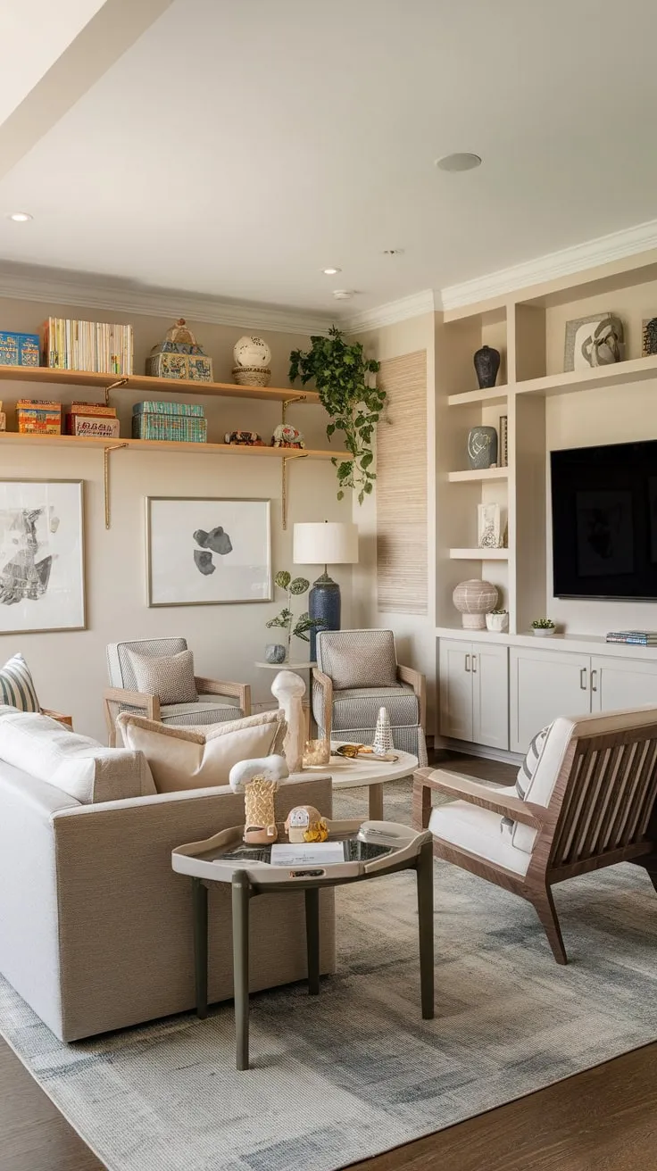 A cozy living room seamlessly blends family relaxation with playful fun, featuring a large sofa, built-in entertainment center, and toy-filled shelving.