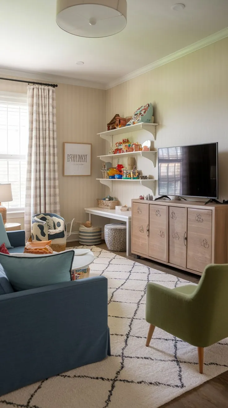 A beige-striped haven blends playful toys and comfy seating around a TV, creating the ultimate playroom-TV room combo.
