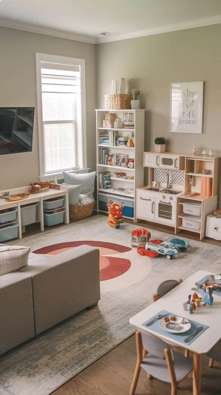 A soft gray playroom seamlessly blends a cozy TV area with a sectional sofa and bookshelf, and an imaginative play space featuring a kitchen, reading nook, and a vibrant collection of toys.