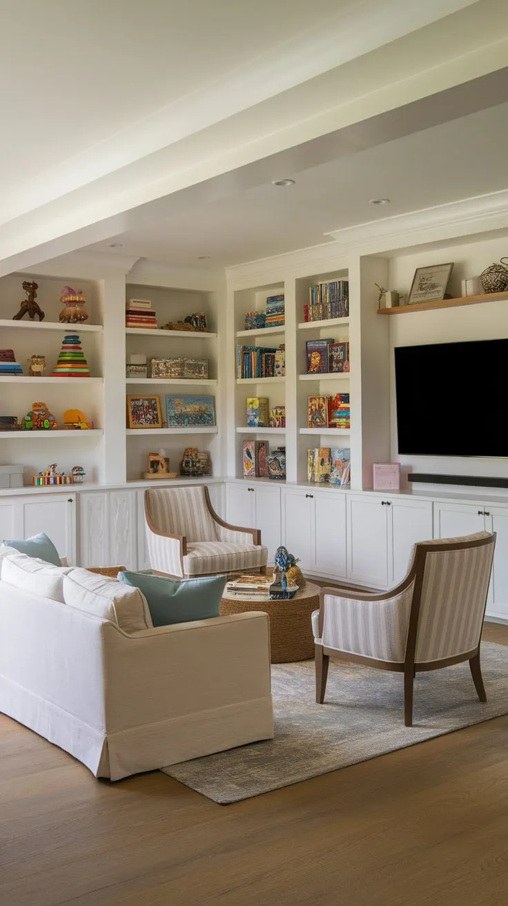 A bright playroom seamlessly blends entertainment and relaxation with built-in shelving, a large TV, and comfy lounge seating