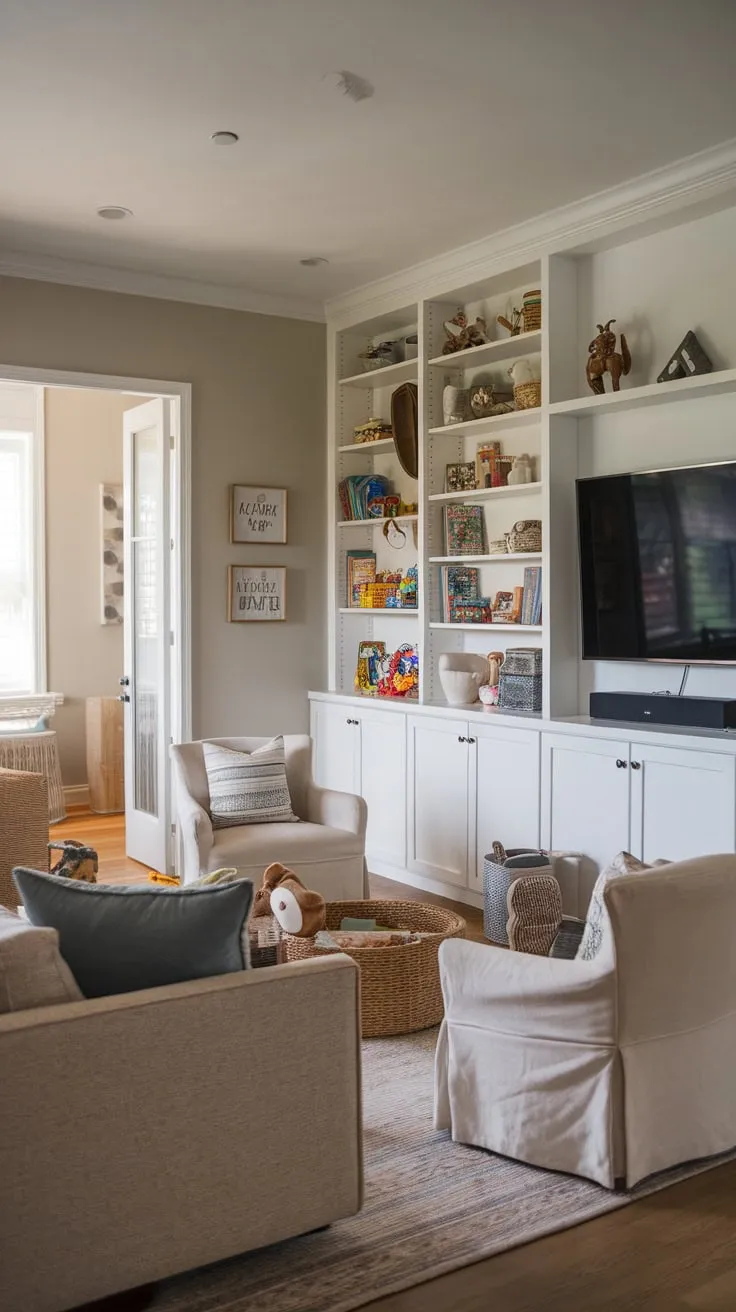 A cozy living room seamlessly blends playful energy with relaxed movie nights, featuring a comfy seating area, built-in toy storage, and a mounted TV.